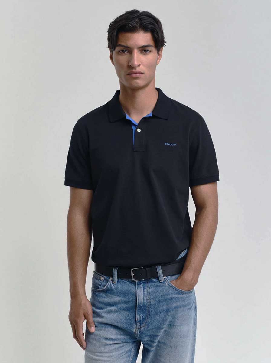 Gant Polo & T-Shirts Gant - Pique Black Polo Shirt w/ Contrast Collar Detail