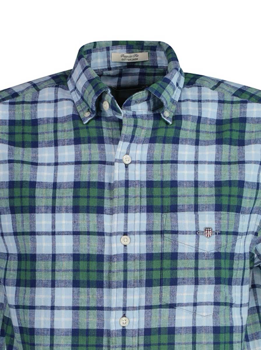 Gant Shirts Gant - Cotton/Linen Check Green Short Sleeve Shirt