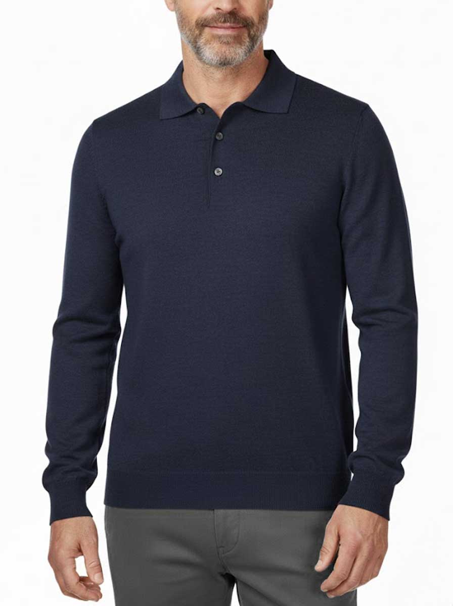 Gran Sasso Knitwear & Jumpers Gran Sasso - Merino Wool Long Sleeve Navy Polo