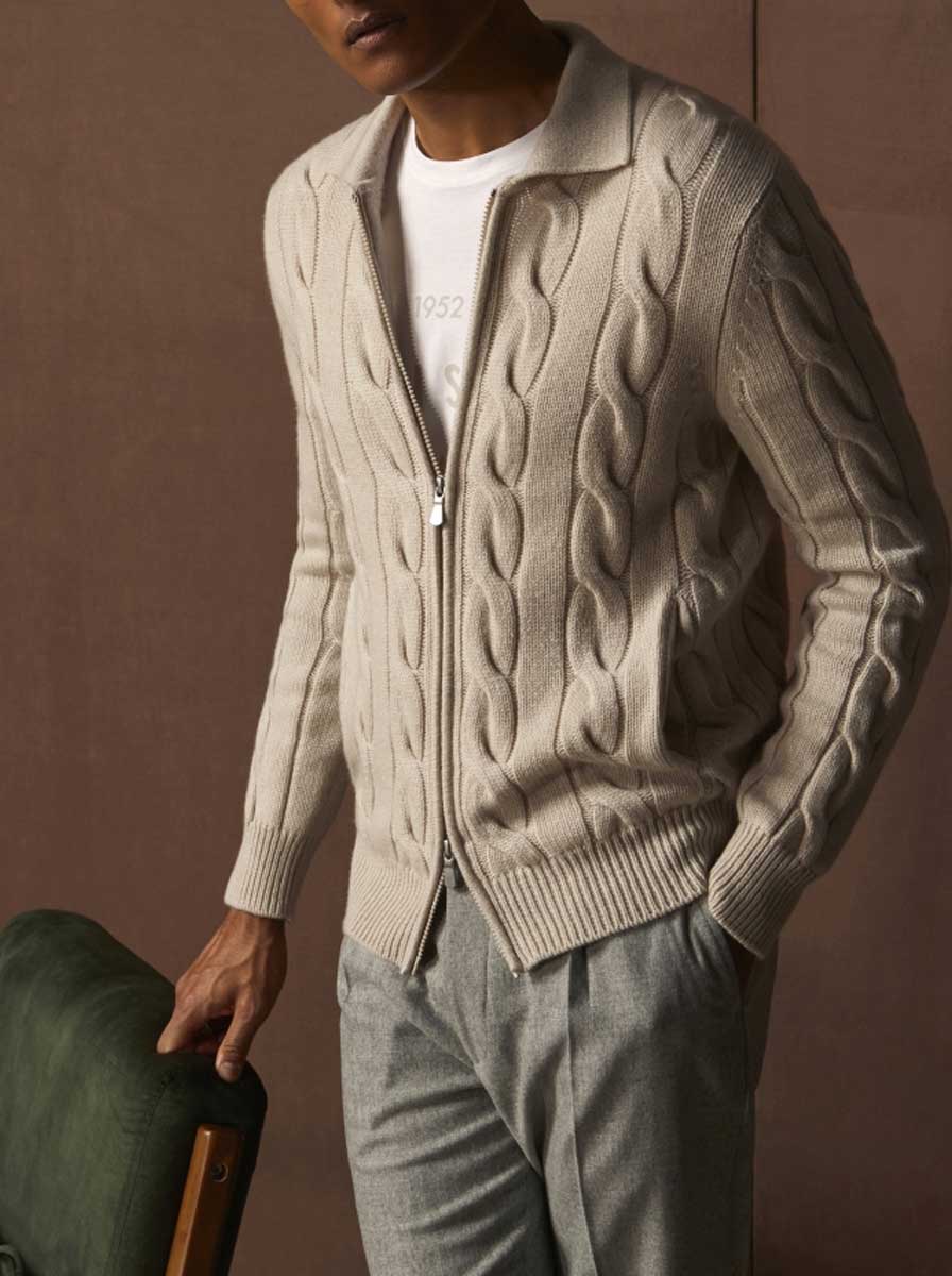 Gran Sasso Knitwear & Jumpers Gran Sasso - Wool/Cashmere Cable Full Zip Cream Cardigan