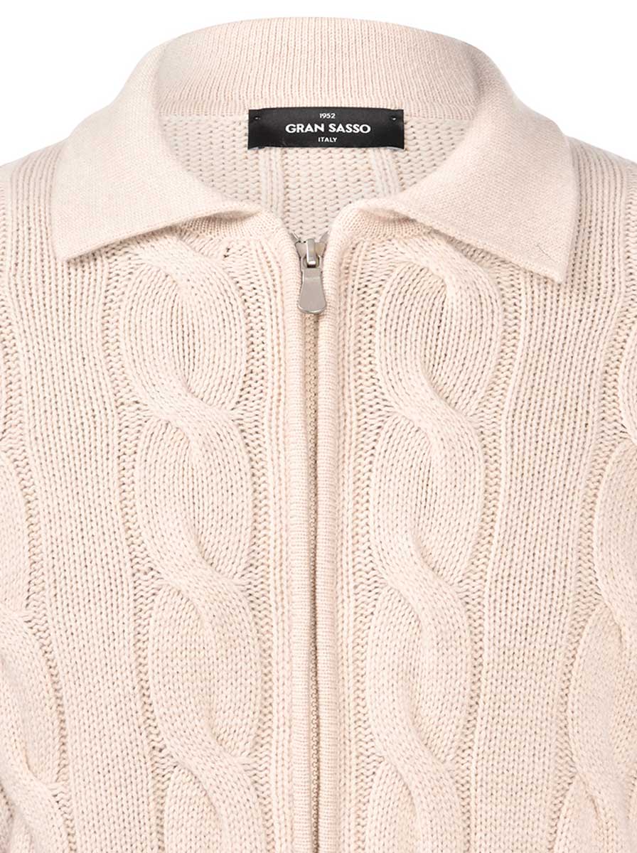 Gran Sasso Knitwear & Jumpers Gran Sasso - Wool/Cashmere Cable Full Zip Cream Cardigan