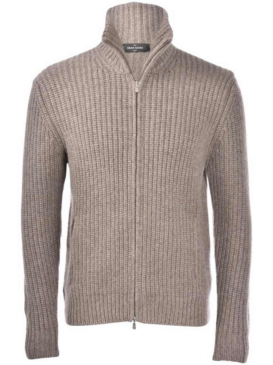 Gran Sasso Knitwear & Jumpers Gran Sasso - Wool/Cashmere Ribbed Full Zip Biscuit Cardigan