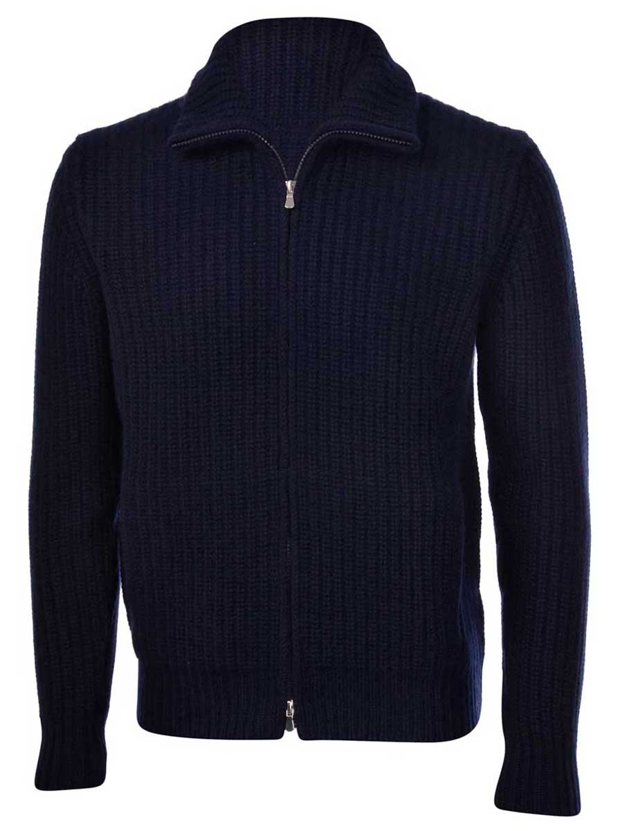 Gran Sasso Knitwear & Jumpers Gran Sasso - Wool/Cashmere Ribbed Full Zip Navy Cardigan
