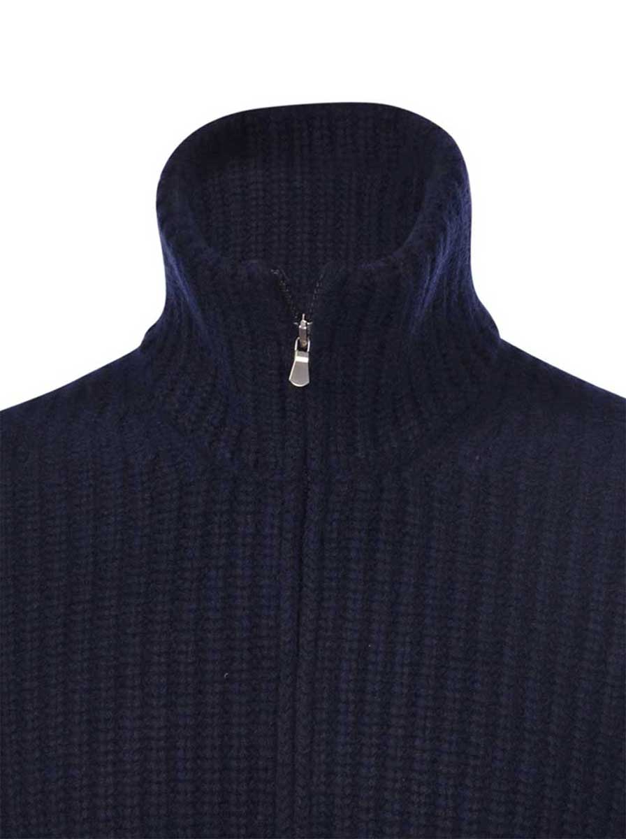 Gran Sasso Knitwear & Jumpers Gran Sasso - Wool/Cashmere Ribbed Full Zip Navy Cardigan
