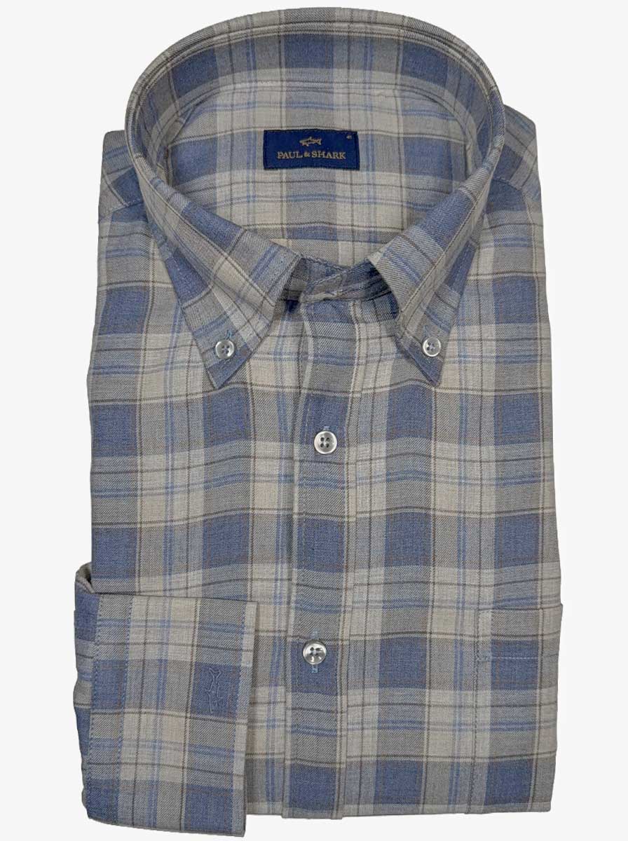 Paul & Shark Shirts Paul & Shark - Button Down Denim Blue Flannel Check Long Sleeve Shirt