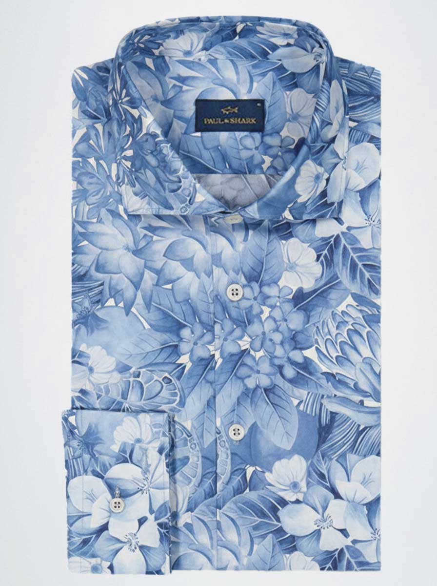 Paul & Shark Shirts Paul & Shark - French Collar Blue Floral Liberty Print Long Sleeve Shirt