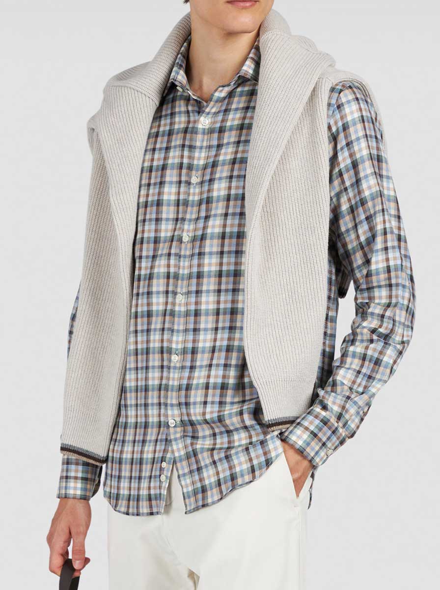 Paul & Shark Shirts Paul & Shark - Long Sleeve Shirt - Beige & Forest Check Button Down Flannel