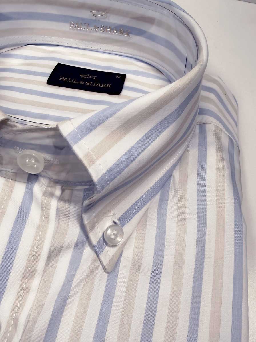 Paul & Shark Short Sleeve Shirts Paul & Shark - Multi Stripe Cotton Beige Short Sleeve Shirt