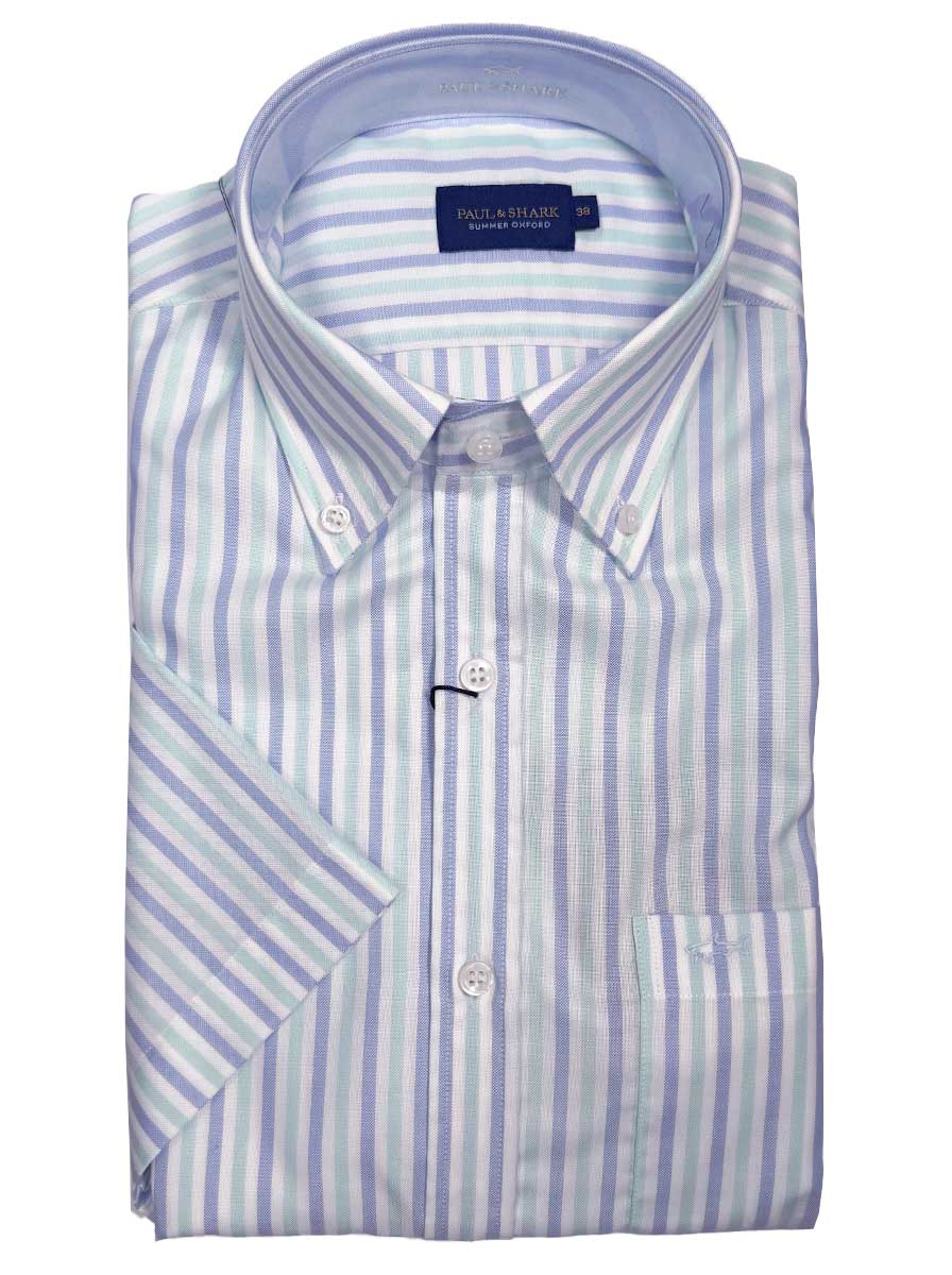 Paul & Shark Short Sleeve Shirts Paul & Shark - Multi Stripe Cotton Turquoise Short Sleeve Shirt