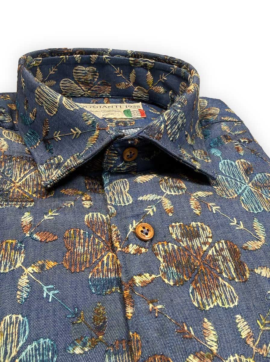 Poggianti Shirts Poggianti - Shirt - Blue Embroidered Floral Details