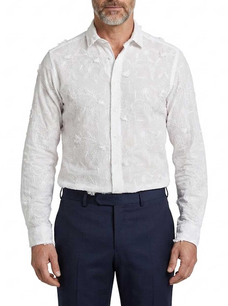 Poggianti Shirts Poggianti - White Floral Tonal Embroidered Shirt