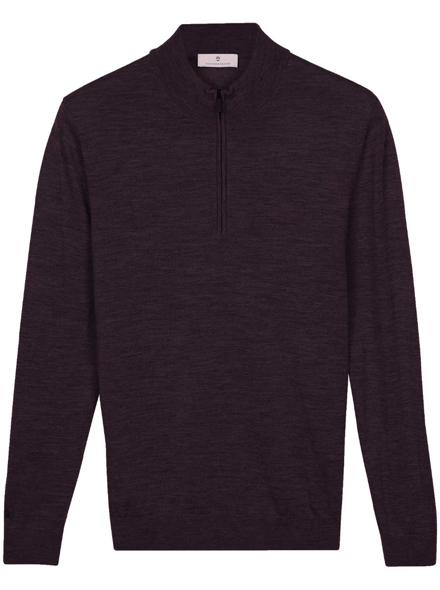 Thomas Maine Knitwear & Jumpers Thomas Maine - 1/4 Zip Aubergine Merino Wool Jumper