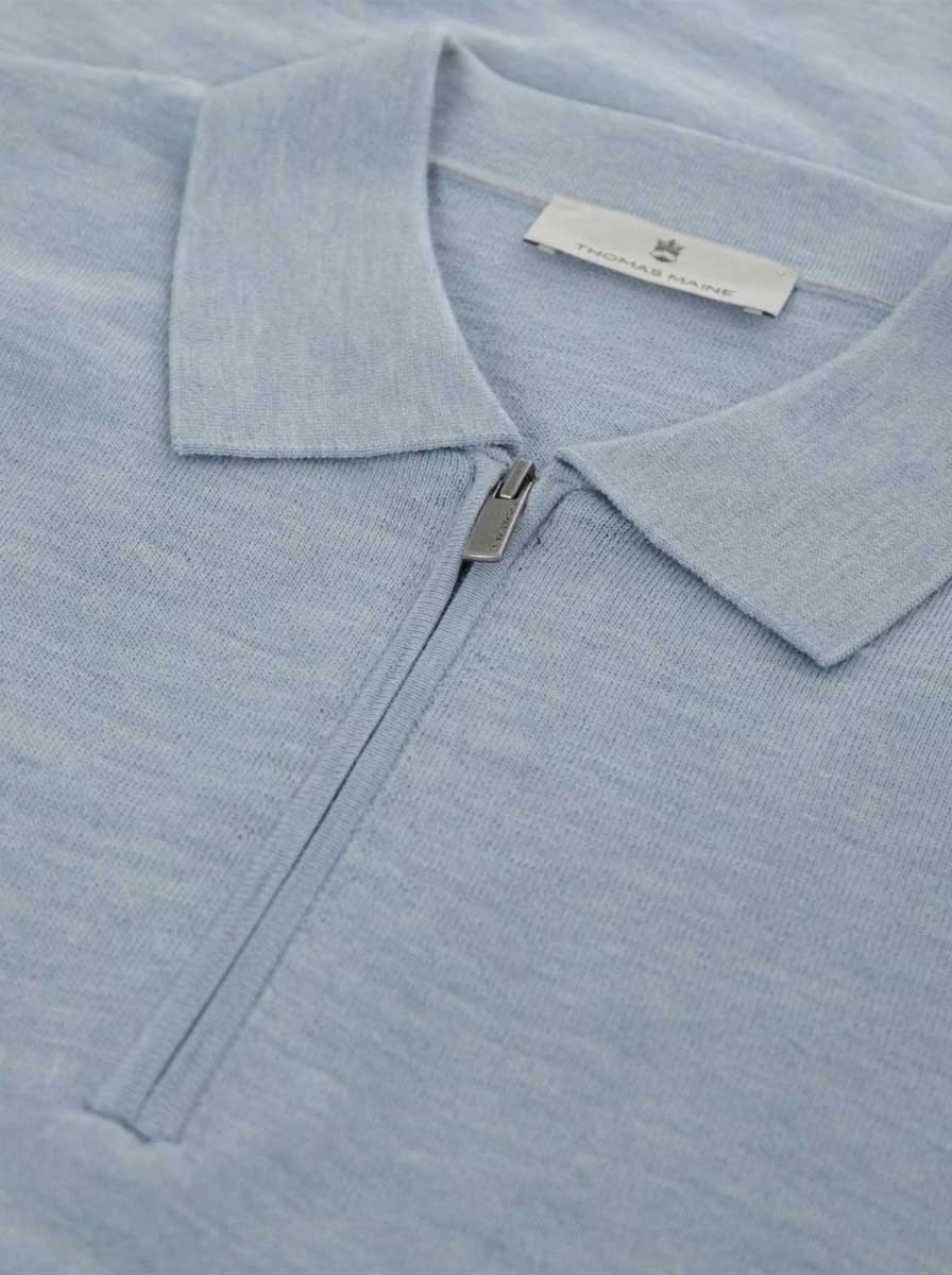 Thomas Maine Polo & T-Shirts Thomas Maine - Knitted Polo With Zip in Sky Blue