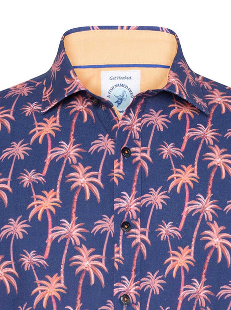 A Fish Named Fred Short Sleeve Shirts A Fish Named Fred - Palm Tree Print Cobalt Short Sleeve Shirt