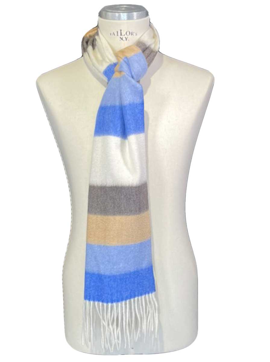 Ascott & Hemley Scarves Ascott & Hemley - Beige/Camel/Blue Wool/Cashmere Stripe Scarf