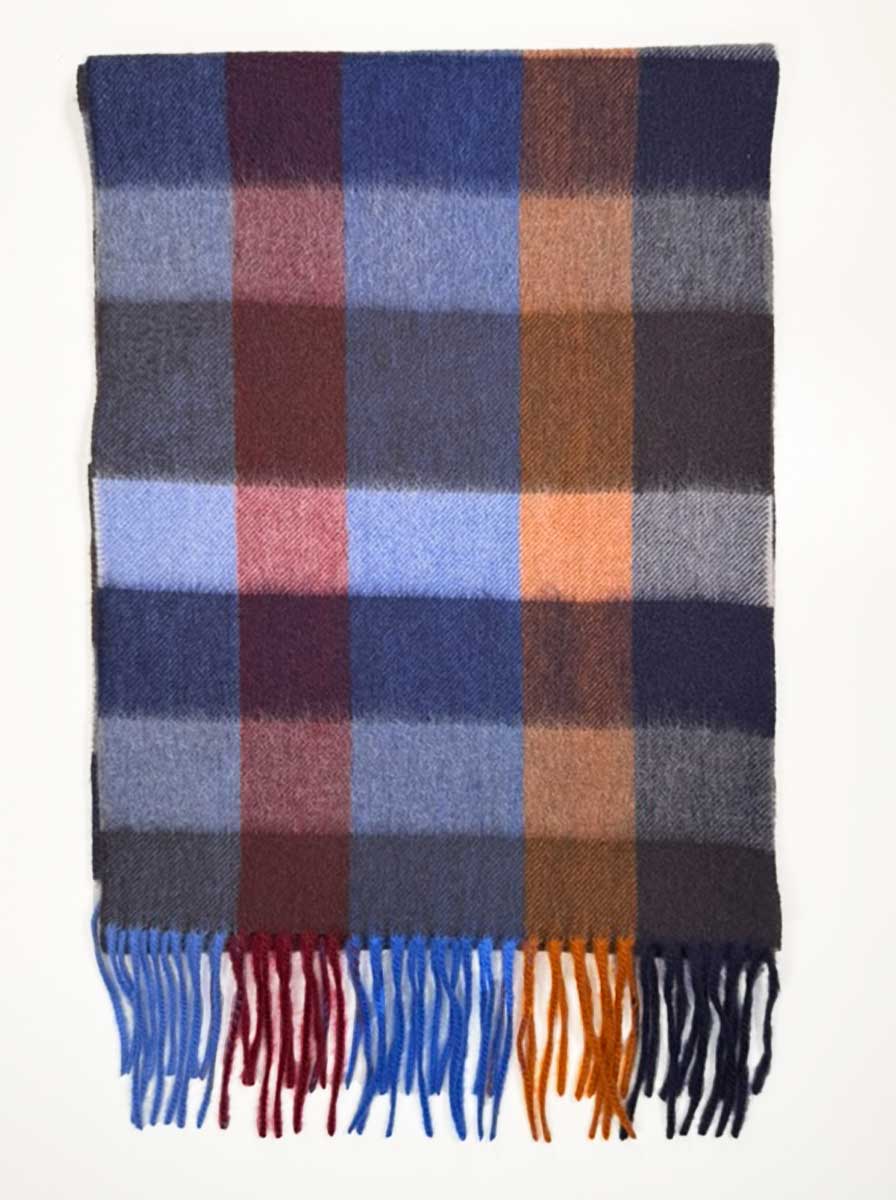 Ascott & Hemley Scarves Ascott & Hemley - Box Check Cashmere Dark Blue/Sky/Orange/Burgundy Scarf