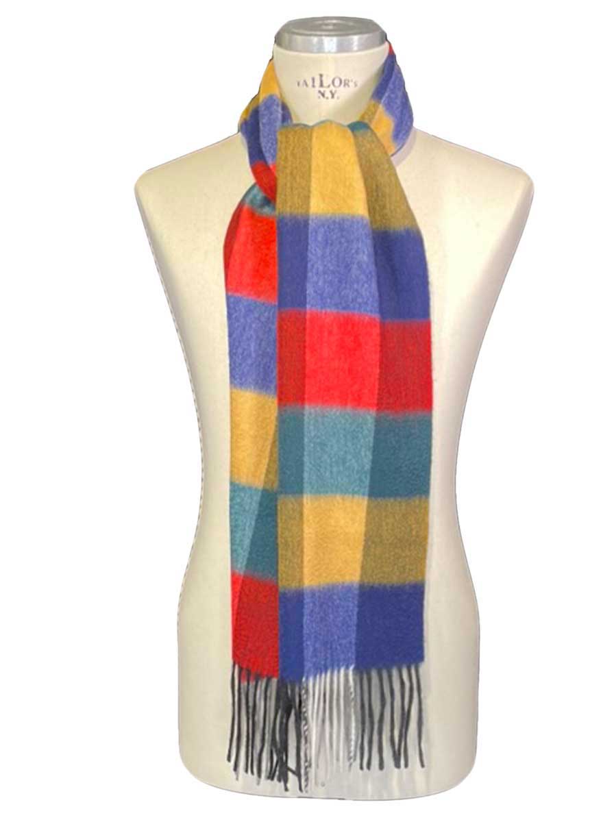 Ascott & Hemley Scarves Ascott & Hemley - Wool/Cashmere Box Check Red/Green/Yellow/Blue Scarf