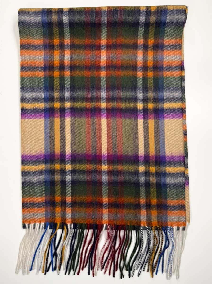 Ascott & Hemley Scarves Ascott & Hemley - Wool/Cashmere Tartan Check Beige/Green/Orange Scarf