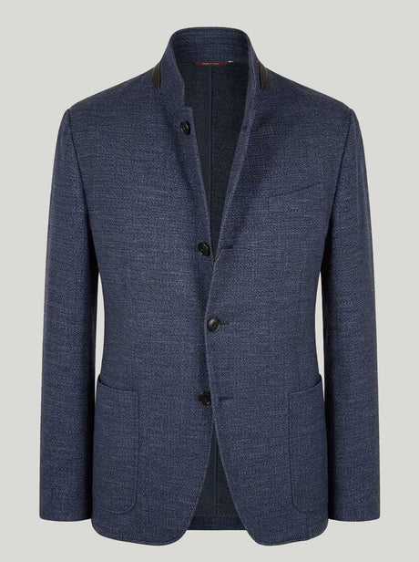 Canali Jacket/Blazer Canali - Textured Wool, Silk & Linen Denim Blue Jersey Jacket