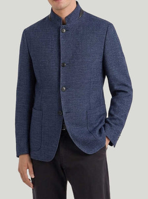 Canali Jacket/Blazer Canali - Textured Wool, Silk & Linen Denim Blue Jersey Jacket