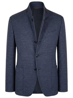 Canali Jacket/Blazer Canali - Textured Wool, Silk & Linen Denim Blue Jersey Jacket