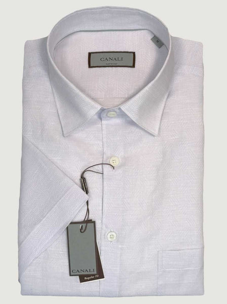 Canali Short Sleeve Shirts Canali - Textured Print Cotton Powder Blue Short Sleeve Shirt
