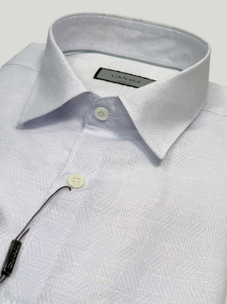 Canali Short Sleeve Shirts Canali - Textured Print Cotton Powder Blue Short Sleeve Shirt