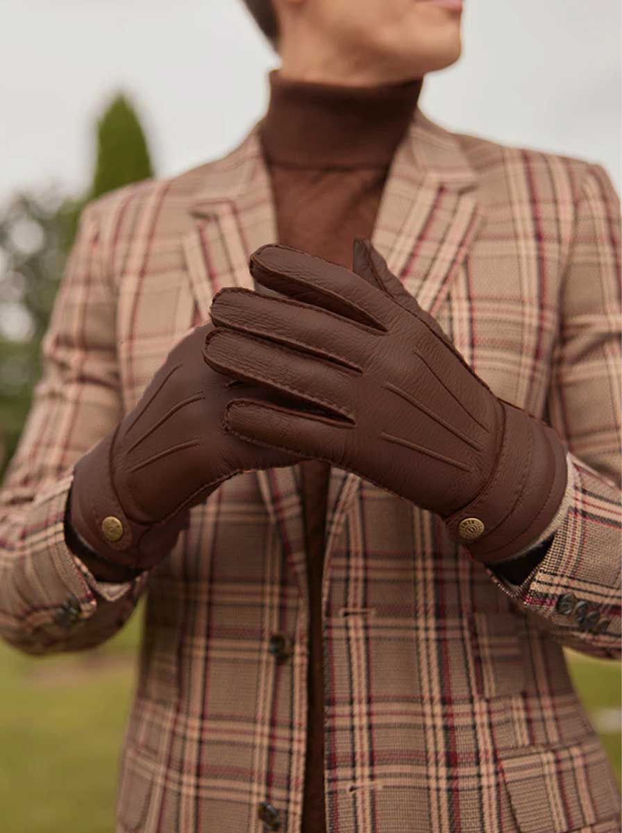 Dents Gloves Dents - Brown Hand-sewn Three-Point Cashmere-Lined Deerskin Leather Gloves with Cashmere Cuffs