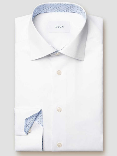 Eton Shirts Eton - Signature Twill White Shirt w/ Geometric Print Trim