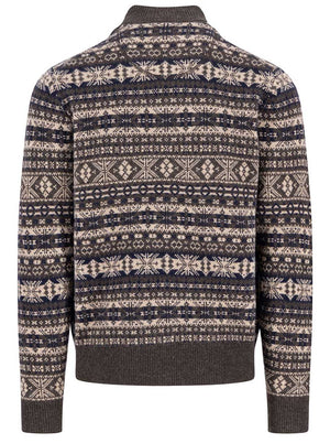 Fynch Hatton Knitwear & Jumpers Fynch Hatton - 1/4 Zip Lambswool Dark Chocolate Jacquard Jumper
