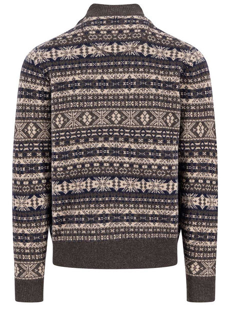 Fynch Hatton Knitwear & Jumpers Fynch Hatton - 1/4 Zip Lambswool Dark Chocolate Jacquard Jumper