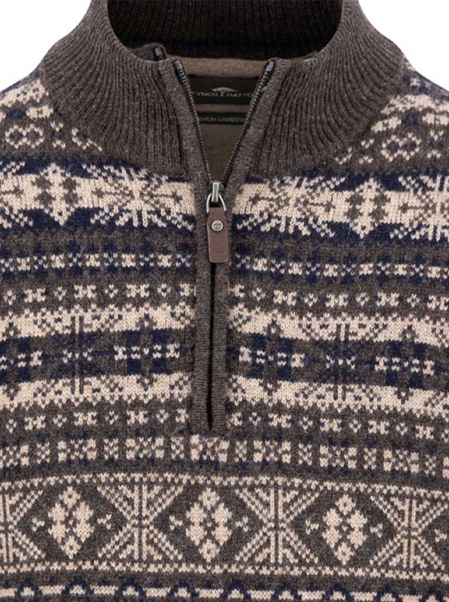 Fynch Hatton Knitwear & Jumpers Fynch Hatton - 1/4 Zip Lambswool Dark Chocolate Jacquard Jumper