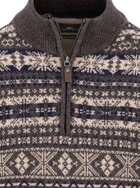 Fynch Hatton Knitwear & Jumpers Fynch Hatton - 1/4 Zip Lambswool Dark Chocolate Jacquard Jumper