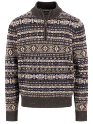 Fynch Hatton Knitwear & Jumpers Fynch Hatton - 1/4 Zip Lambswool Dark Chocolate Jacquard Jumper