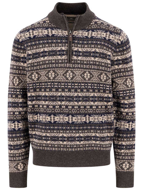 Fynch Hatton Knitwear & Jumpers Fynch Hatton - 1/4 Zip Lambswool Dark Chocolate Jacquard Jumper