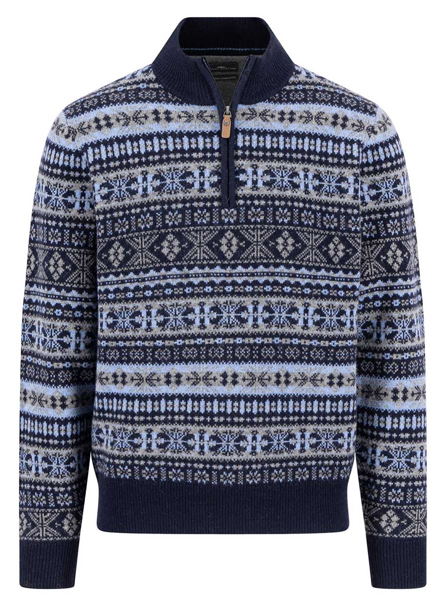 Fynch Hatton Knitwear & Jumpers Fynch Hatton - 1/4 Zip Lambswool Navy Jacquard Jumper