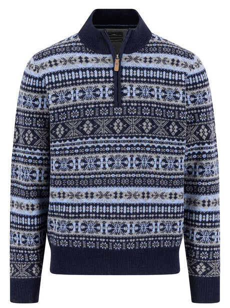 Fynch Hatton Knitwear & Jumpers Fynch Hatton - 1/4 Zip Lambswool Navy Jacquard Jumper