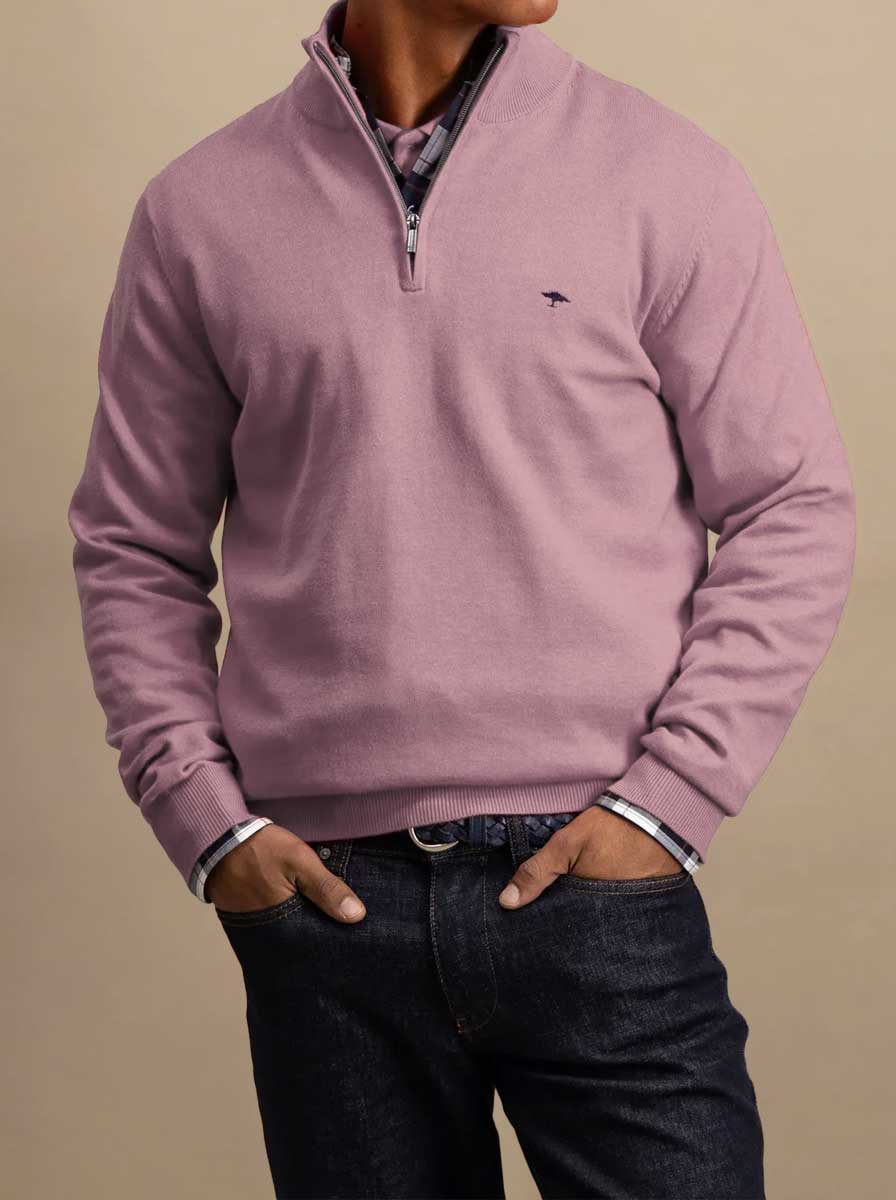 Fynch Hatton Knitwear & Jumpers Fynch Hatton - 1/4 Zip Superfine Cotton Magnolia Jumper