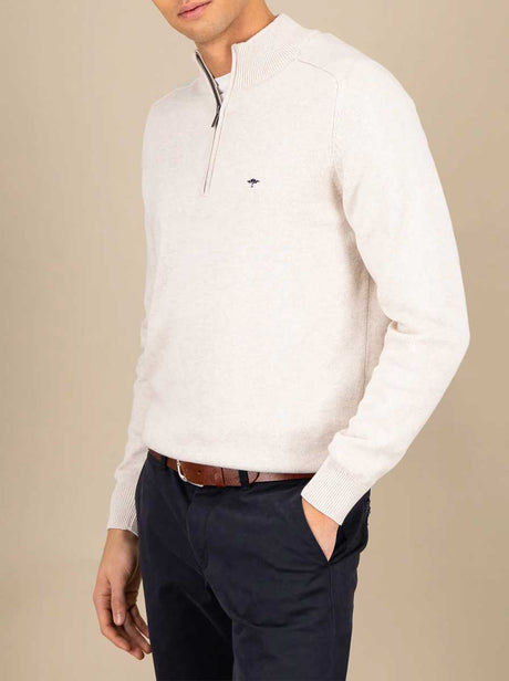 Fynch Hatton Knitwear & Jumpers Fynch Hatton - 1/4 Zip Superfine Cotton Off White Jumper