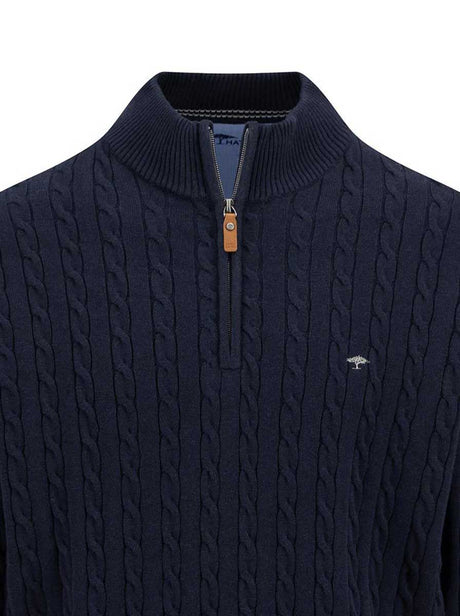 Fynch Hatton Knitwear & Jumpers Fynch Hatton - Cotton Cable Knit Quarter Zip Navy Jumper