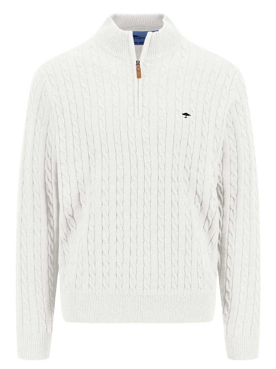 Fynch Hatton Knitwear & Jumpers Fynch Hatton - Cotton Cable Knit Quarter Zip Off White Jumper