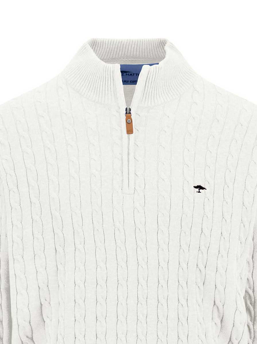 Fynch Hatton Knitwear & Jumpers Fynch Hatton - Cotton Cable Knit Quarter Zip Off White Jumper