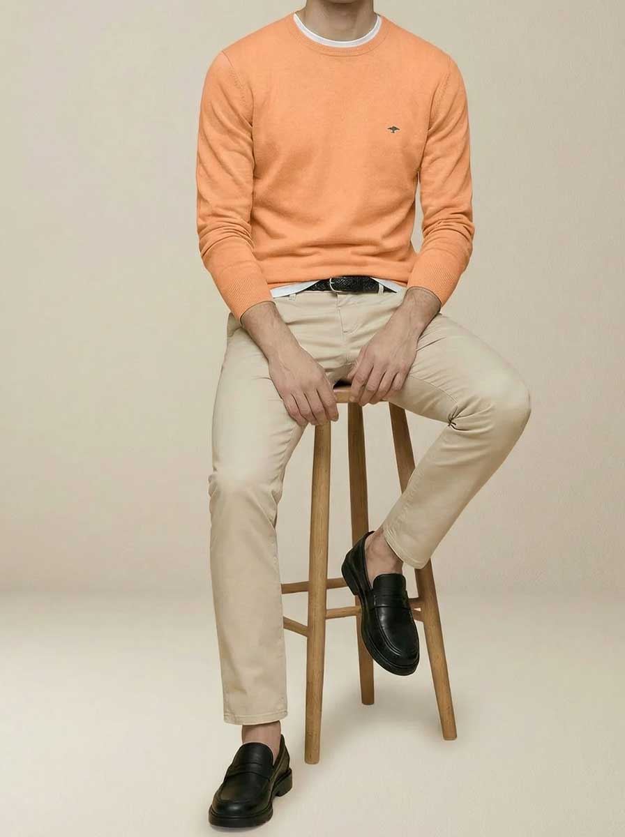 Fynch Hatton Knitwear & Jumpers Fynch Hatton - Crew Neck Superfine Cotton Tangerine Jumper