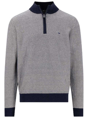 Fynch Hatton Knitwear & Jumpers Fynch Hatton - Striped Superfine Cotton Quarter Zip Navy Jumper