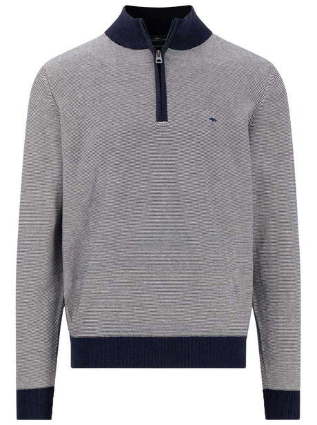 Fynch Hatton Knitwear & Jumpers Fynch Hatton - Striped Superfine Cotton Quarter Zip Navy Jumper