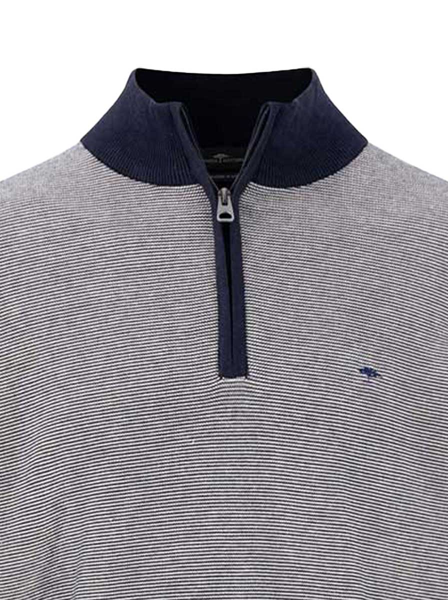 Fynch Hatton Knitwear & Jumpers Fynch Hatton - Striped Superfine Cotton Quarter Zip Navy Jumper