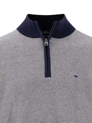 Fynch Hatton Knitwear & Jumpers Fynch Hatton - Striped Superfine Cotton Quarter Zip Navy Jumper