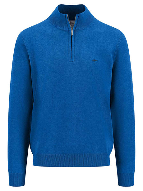 Fynch Hatton Knitwear & Jumpers Fynch Hatton - Superfine Cotton Quarter Zip Blue Jumper