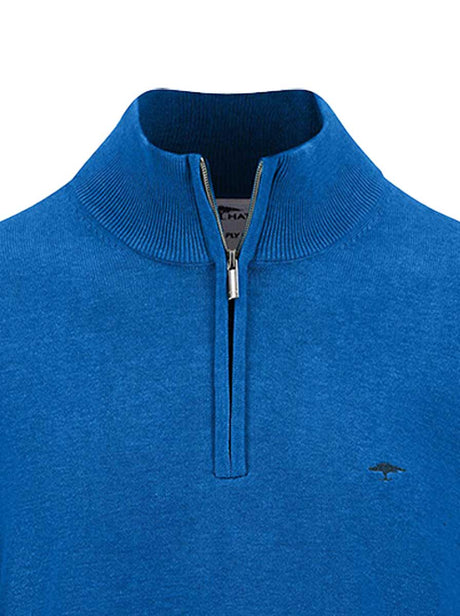 Fynch Hatton Knitwear & Jumpers Fynch Hatton - Superfine Cotton Quarter Zip Blue Jumper