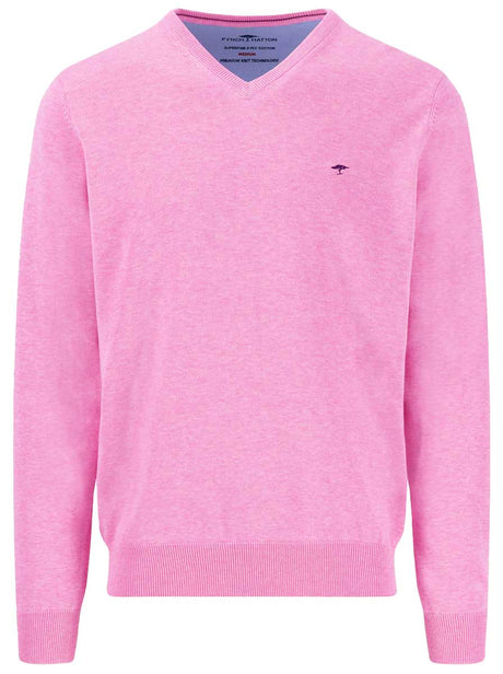 Fynch Hatton Knitwear & Jumpers Fynch Hatton - Superfine Cotton V-Neck Pink Jumper